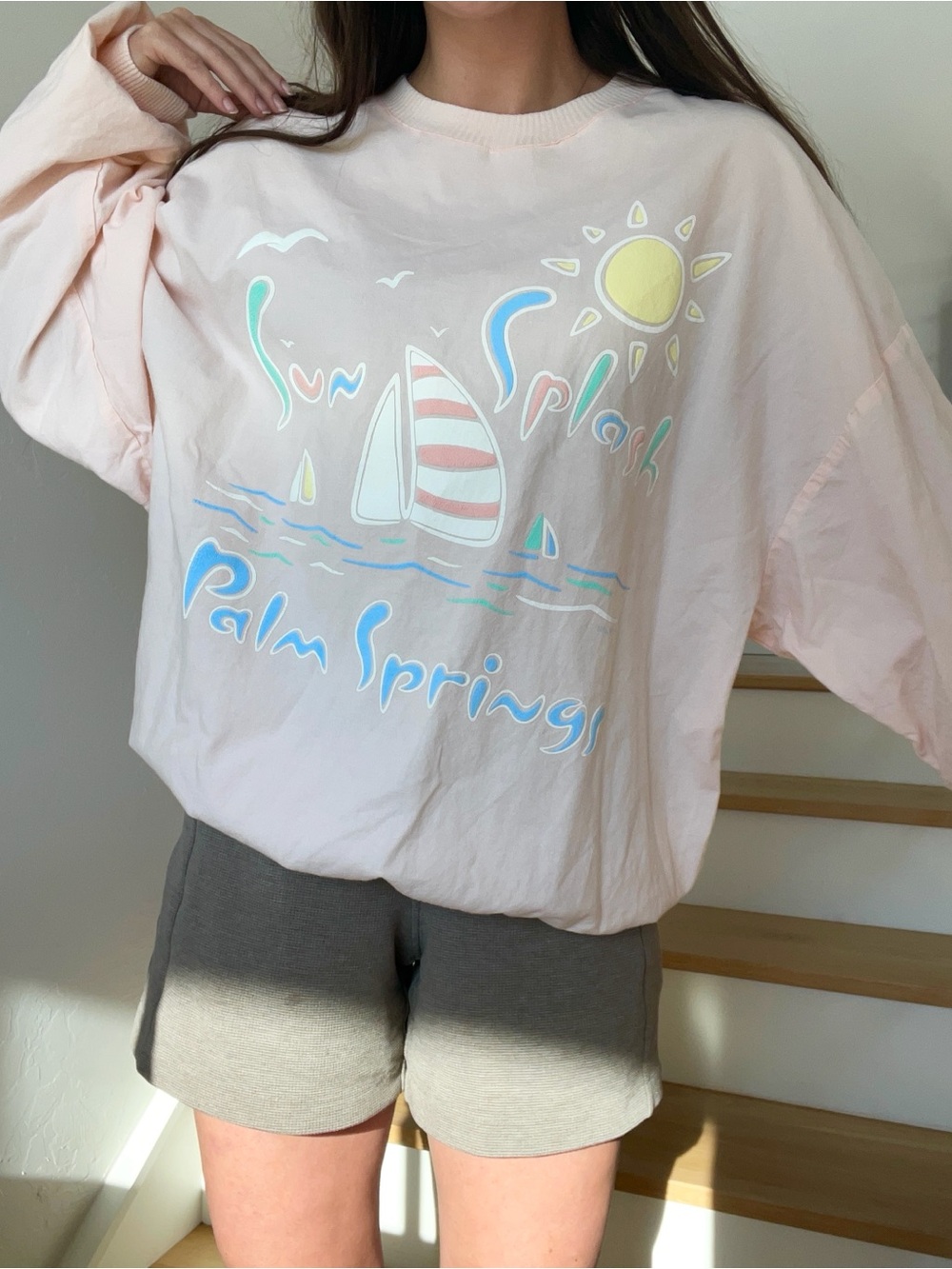 Vintage Taylor T Sandra Taylor Pastel Pink Palm Springs Sun Splash Sweatshirt XL